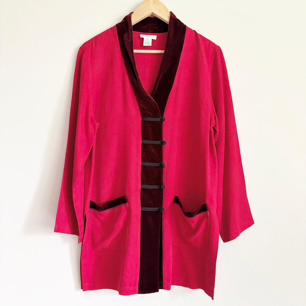 Wildroot Red Silk Velvet Trim Jacket Size Small Embroidered Cherry Blossom